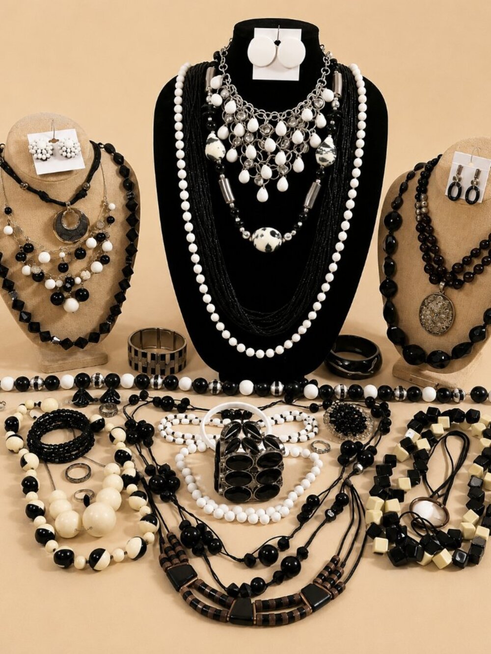 Jewelry Lot Large Black White & Cream Statement  Necklaces Earrings Bracelets